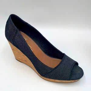 TOMS Black Denim Peep Toe Cork Wedge Heels